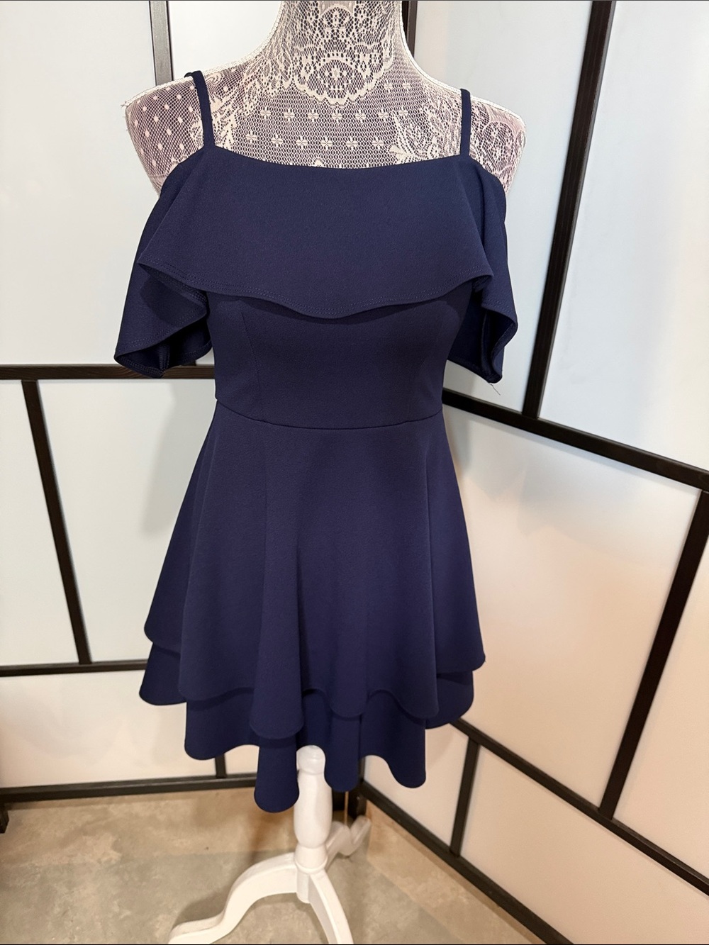 B Darlin Navy Off-Shoulder Ruffle Mini Dress